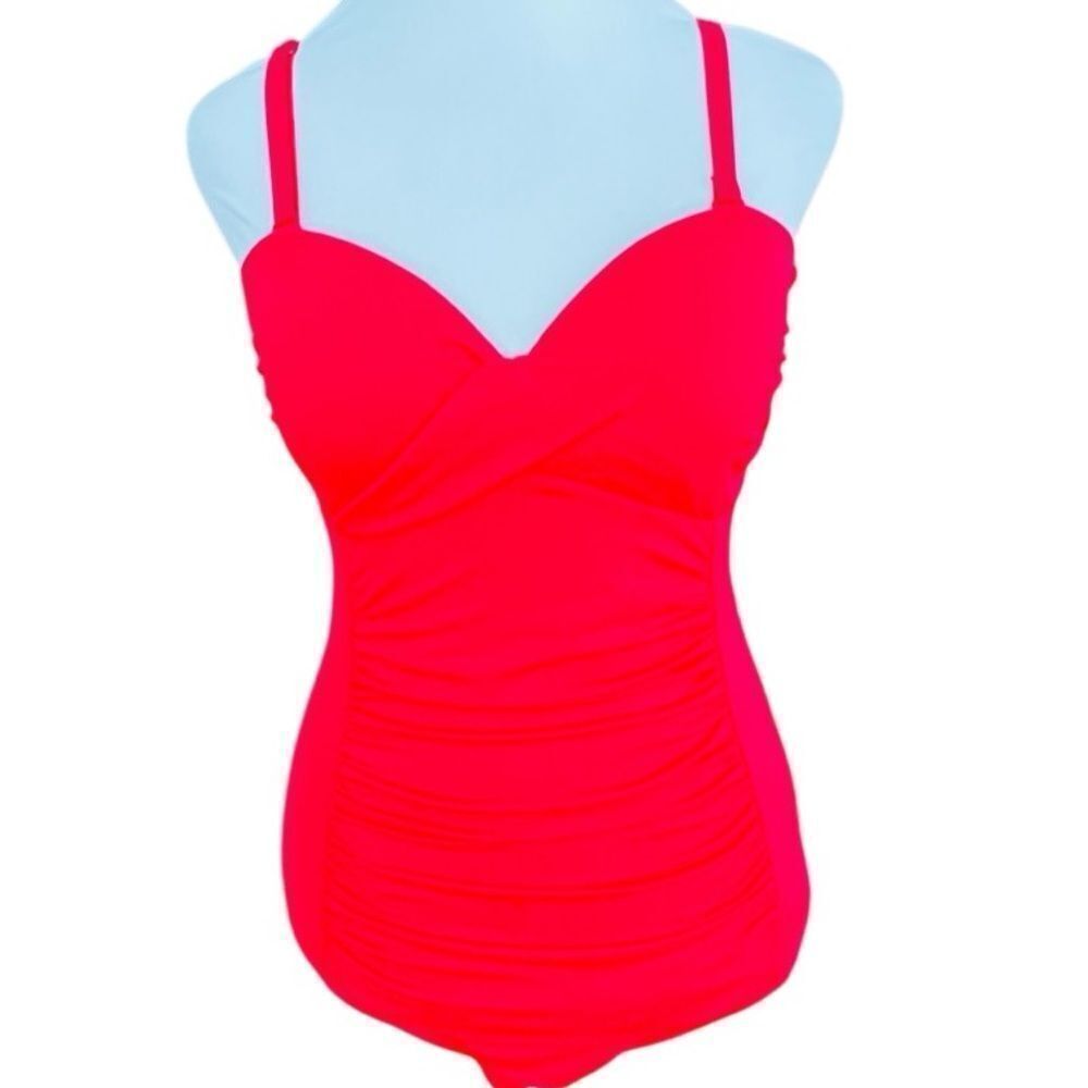 Primark Red One Piece swimsuit, shirred sides, crossover bodice size 8.